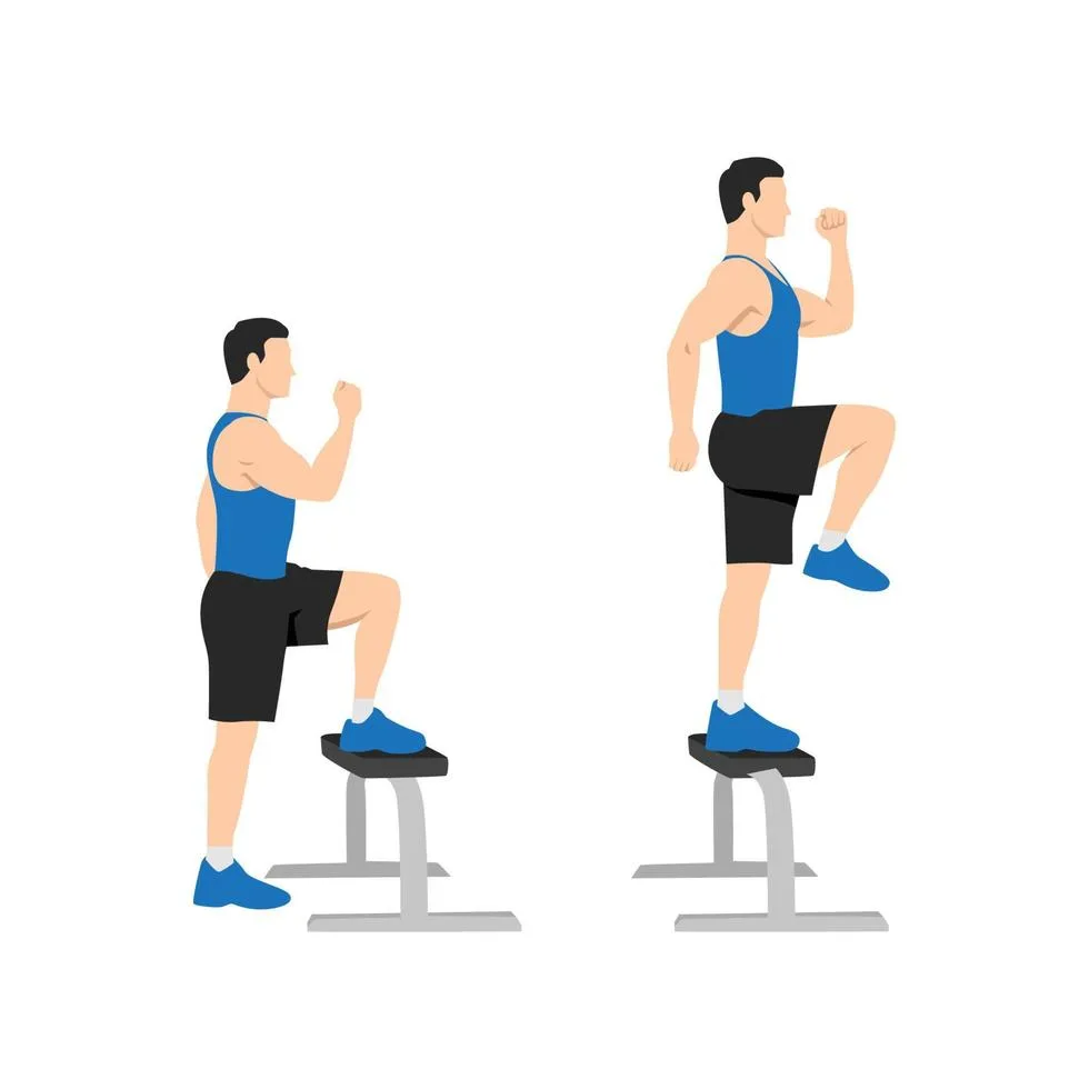 man doing step up with knee raises exercise